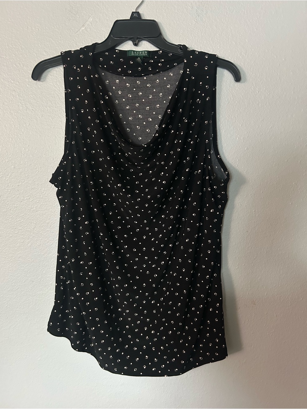 Ralph Lauren Black Sleeveless Draped Neck Camisole with Tiny White Dot Print